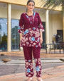 Maroon Pure Cotton Katha Handwork Neckline Co-Ords Set