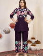 Wine Pure Cotton Flower Printed Work Co-Ords Set