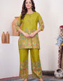 Mehandi Pure Cotton Flower Printed Work Co-Ords Set