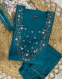 Deep Aqua Marina Silk Embroidery Thread With Hand Work Suit Set