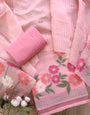 Pink Soft Muga Cotton Jamdani Flower Weaving Unstitched Dress Material