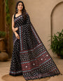 Black Ajrakh Flower Printed With Real Mirror Modal Silk Saree