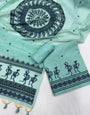 Aqua Blue Pure Muga Silk Warli With All Over Butti Weaving Unstitched 3pis Dress Material