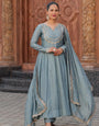Splendid Grey Vichhitra Silk Embroidery Work Suit Set