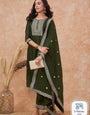 Energetic Mehandi Vichhitra Silk Embroidery Work Suit Set