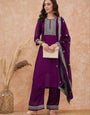 Exuberant Wine Vichhitra Silk Embroidery Work Suit Set