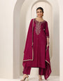Ethereal Maroon Roman Silk Embroidery Work Suit Set
