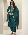 Magnificent Green Roman Silk Embroidery Work Suit Set