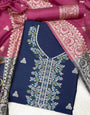 Blue Handloom Raw Silk Warli Work With Contrast Daman Dupatta Dress Material