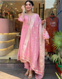 Attractive Blush Pink Roman Silk Floral Embroidery Work Suit Set