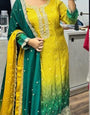 Groovy Yellow Chinon Bandhani With Gota Patti Work Suit Set