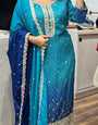 Deserving Blue Groovy Yellow Chinon Bandhani With Gota Patti Work Suit Set