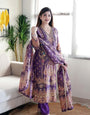 Desirable Purple Satin Silk Floral Print With Embroidery Suit Set