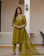 Mehandi Viscose Mango Silk Embroidery Thread With Hand Work Suit Set