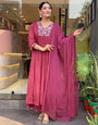Attractive Deep Rose Viscose Chinon With Embroidery Work Suit Set