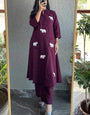 Opulent Wine Rayon Elephant Embroidered Kurta Set With Plazzo