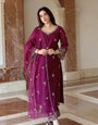 Cynosure Wine Roman Silk Embroidered Work Anarkali Suit Set