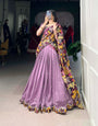 Lavender Vichitra Silk Sequins Thread Embroidery Work With Kalamkari Printed Lehenga Choli