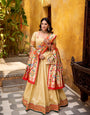 Cream Paithani Silk Zari Weaving Work With Lace Border Lehenga Choli