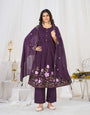 Wine Pure Cotton Thread Embroidery With Lup Work Suit Set
