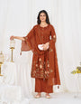 Cumin Red Pure Cotton Thread Embroidery With Lup Work Suit Set