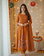 Deep Saffron Pure Cotton Embroidery Thread Work Suit Set