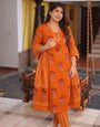 Orange Pure Cotton Printed With Nack Work Suit Set