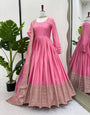 Pink Chinnon Silk Thread With Sequnce Work Anarkali Set