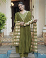 Muddy Green Pure Mul Chanderi Hand Work With Khatli Work Suit Set