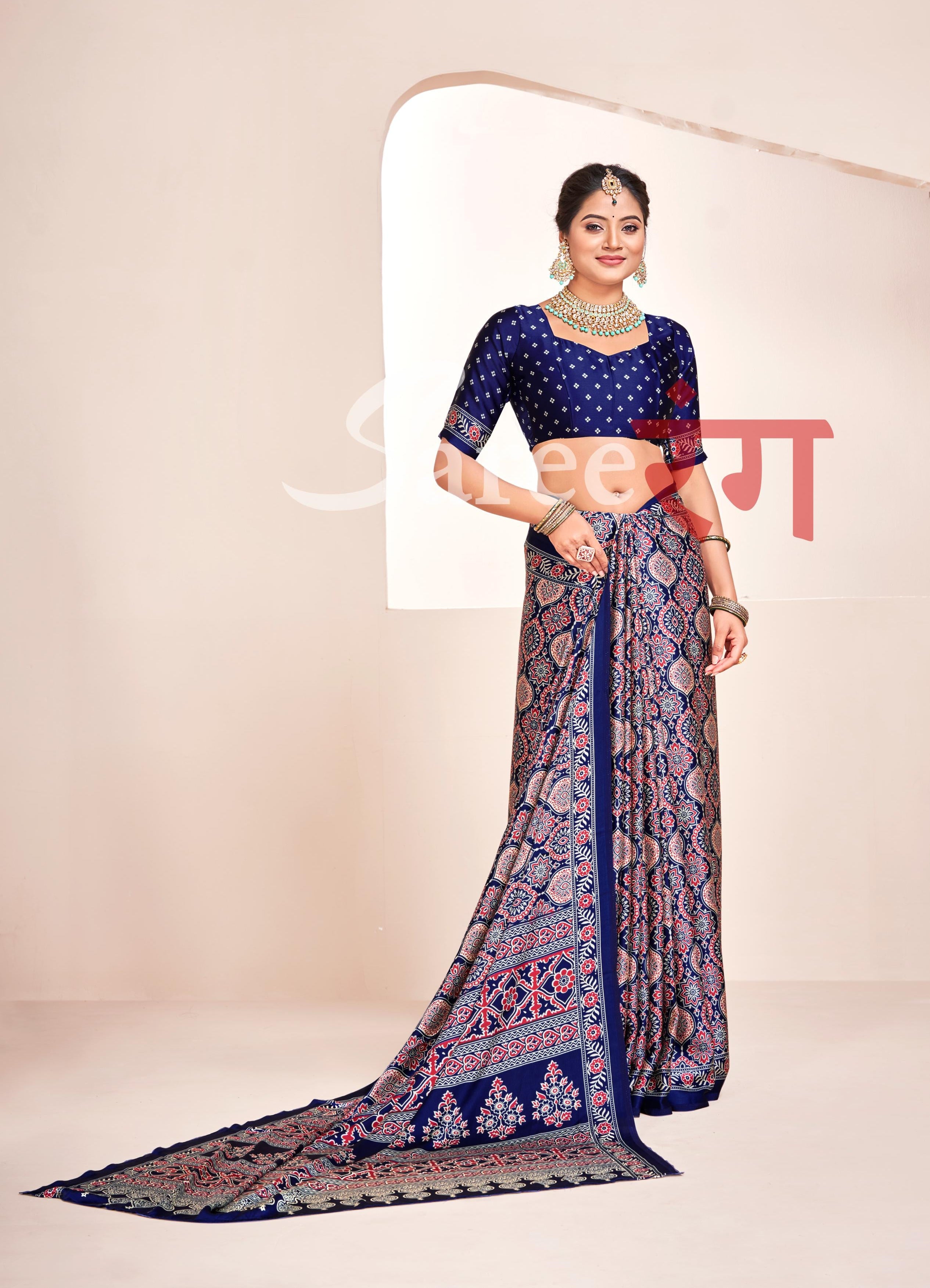 Ajrakh One Minute Ready To Wear Blue Modal Silk Natural Print Saree
