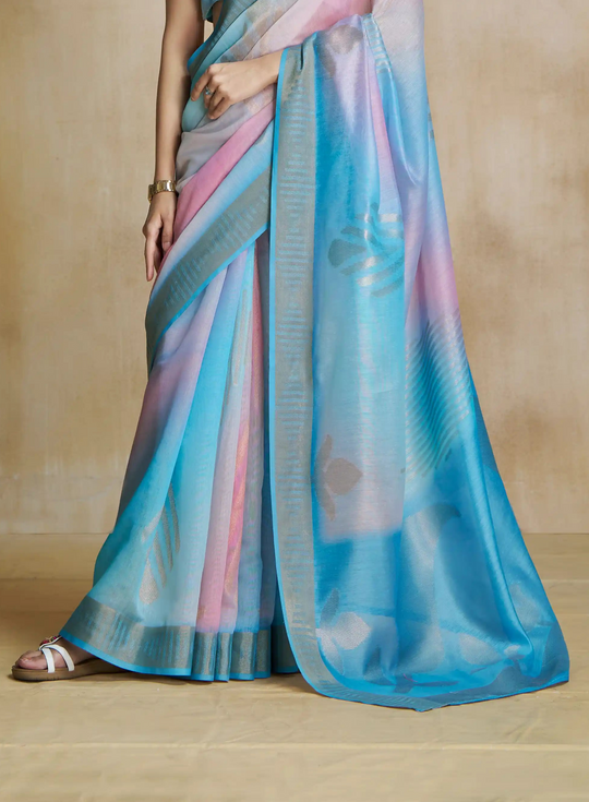 Watermelon Sky Blue Fancy Modal Cotton Silk Printed Saree