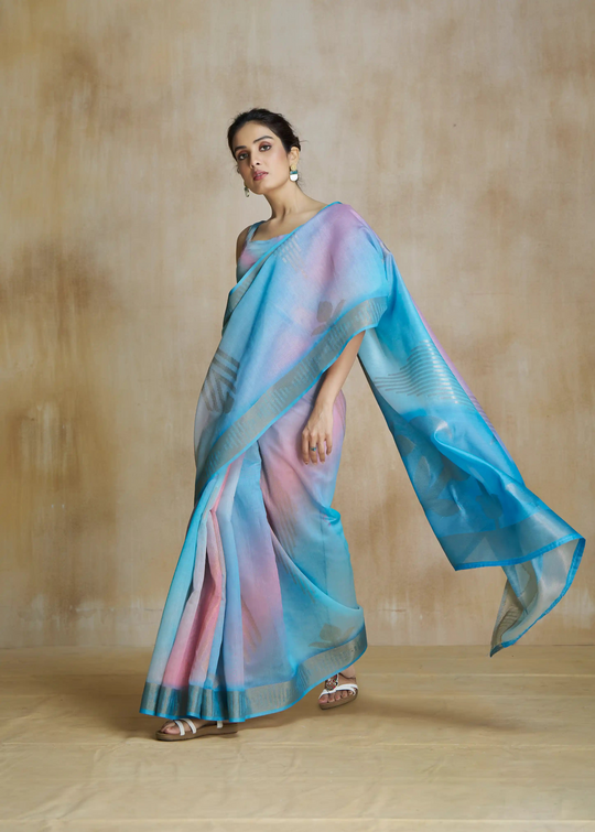 Watermelon Sky Blue Fancy Modal Cotton Silk Printed Saree