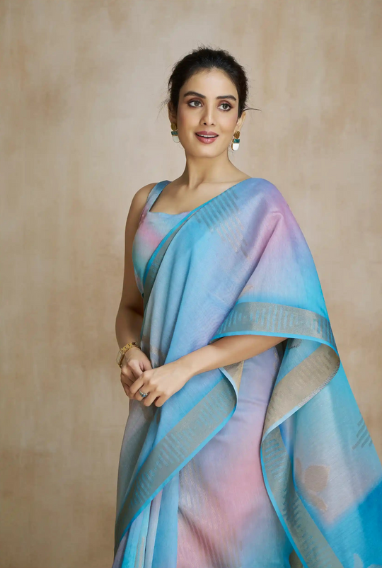 Watermelon Sky Blue Fancy Modal Cotton Silk Printed Saree