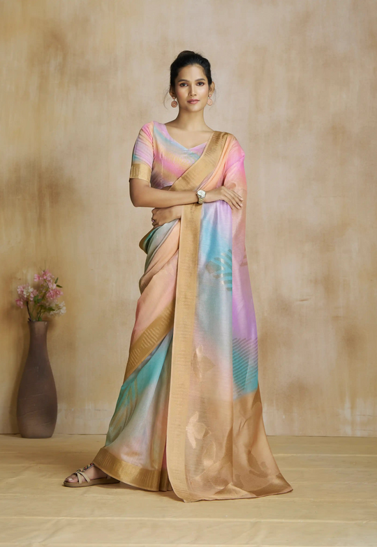 Watermelon Cream Fancy Modal Cotton Silk Printed Saree