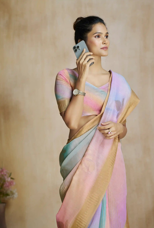 Watermelon Cream Fancy Modal Cotton Silk Printed Saree