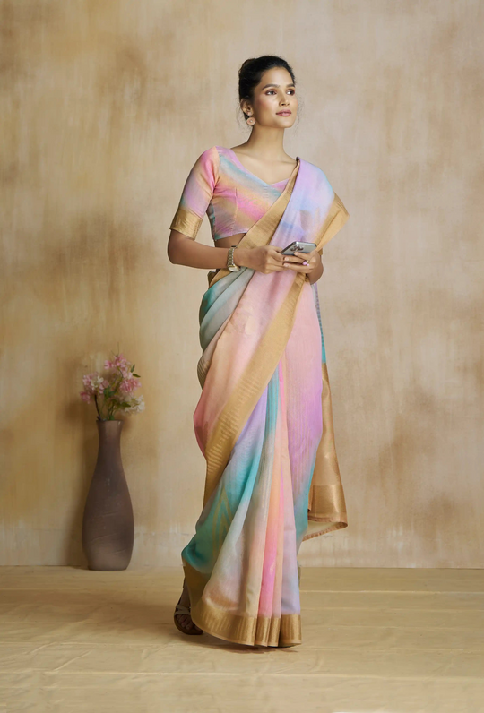 Watermelon Cream Fancy Modal Cotton Silk Printed Saree