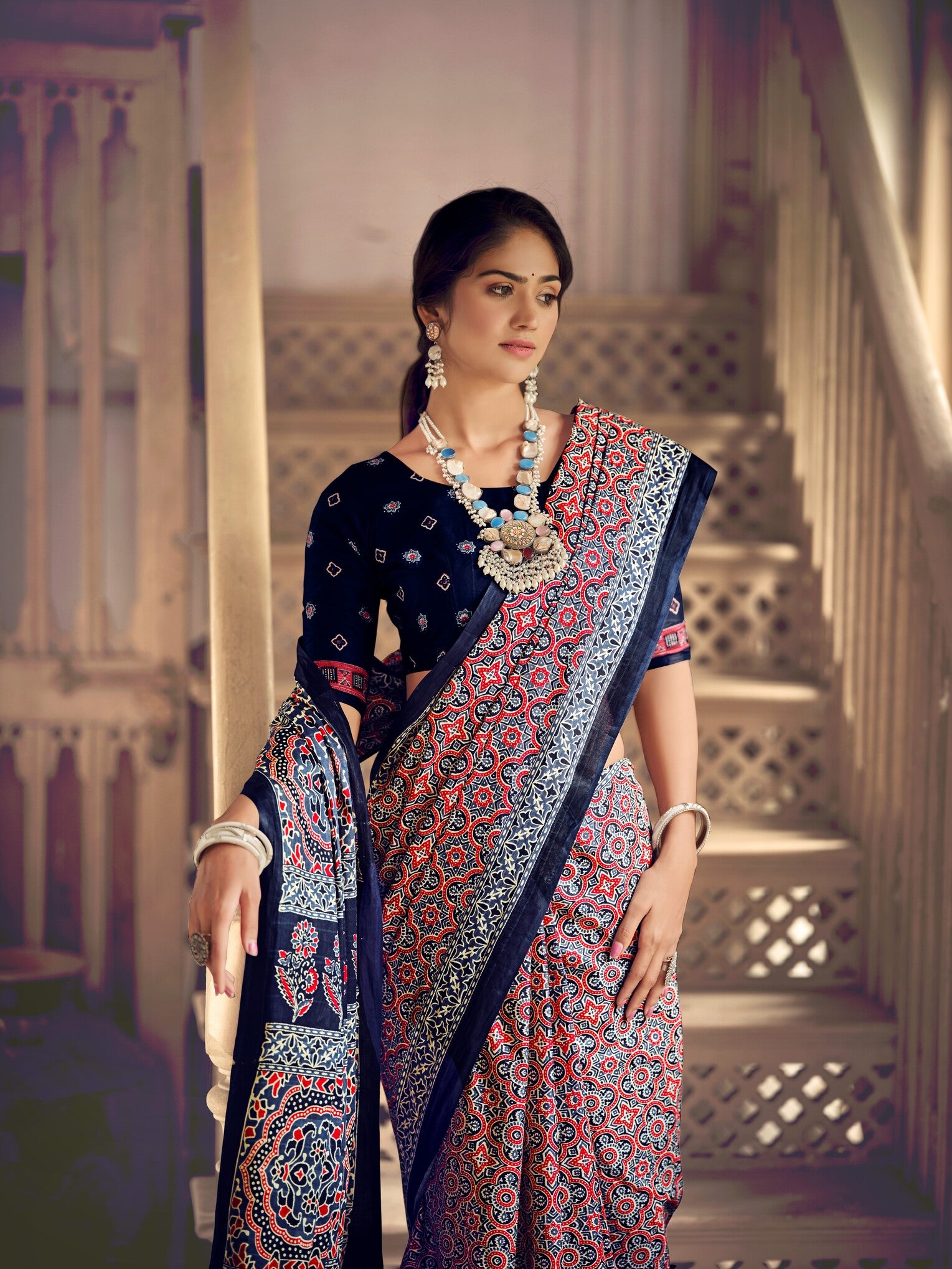 Pure Malai Cotton Ajrakh Saree