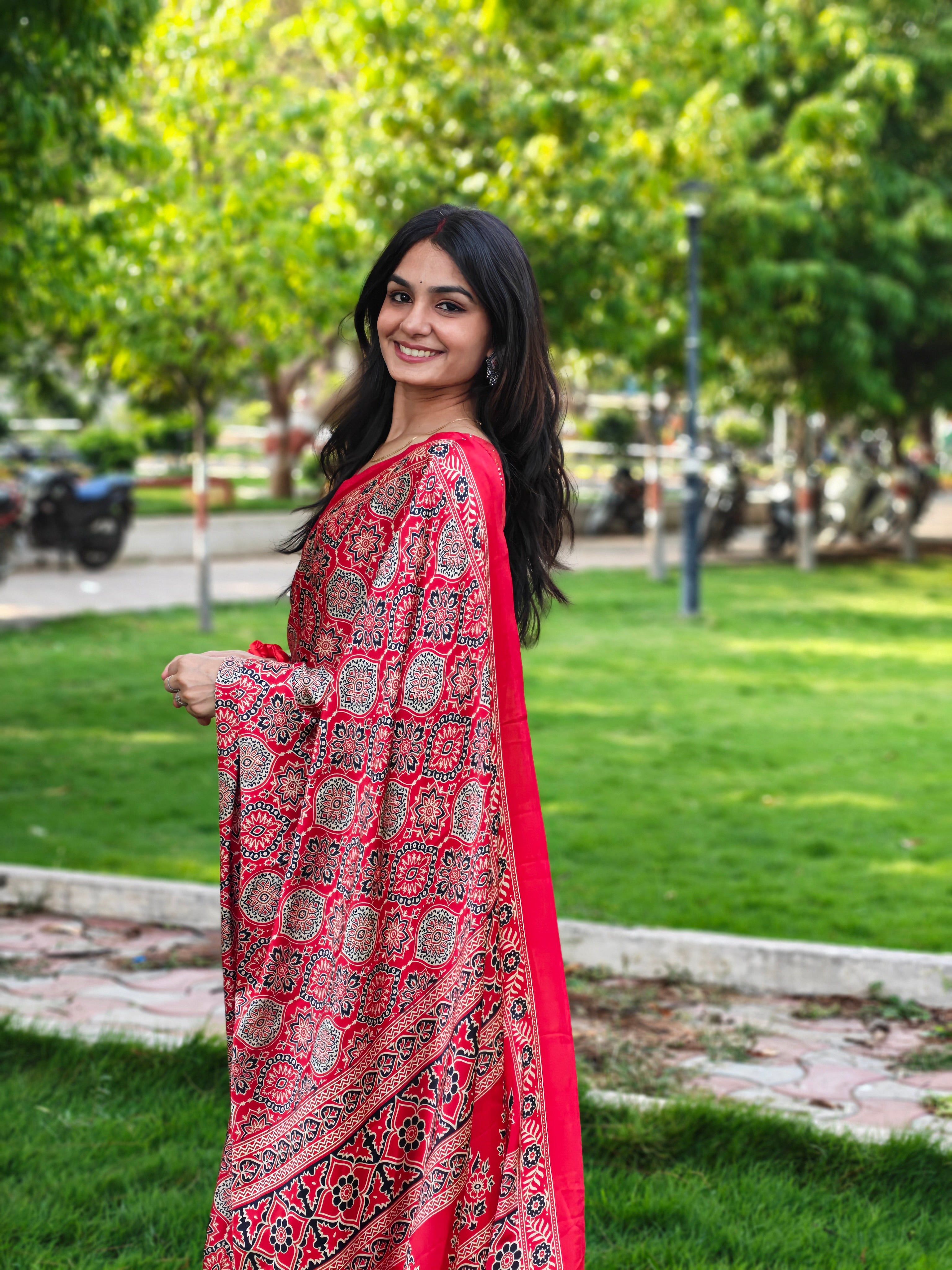 Akruti Maroon Modal Silk Ajrakh Natural Print Saree