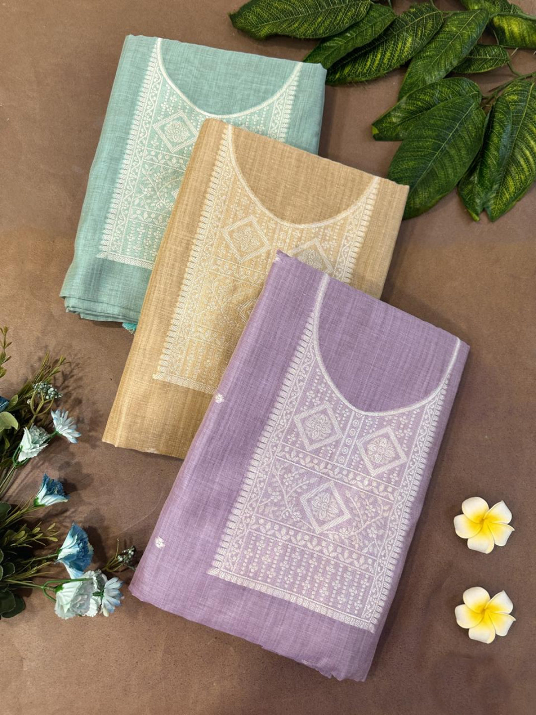 Sky Blue Pure Soft Muga Cotton Weaving Work Unstitched Dress Material