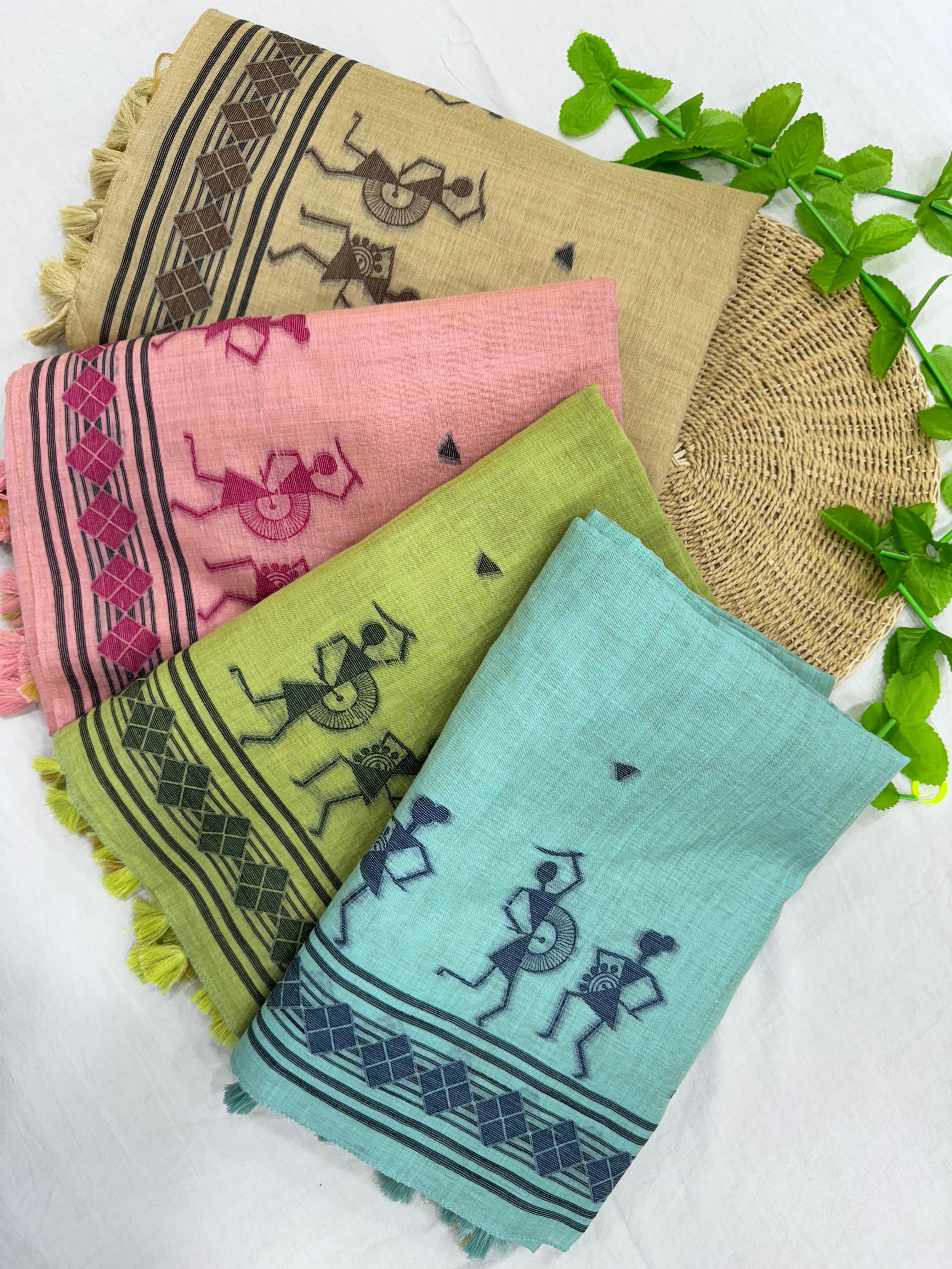 Parrot Pure Muga Silk Warli With All Over Butti Weaving Unstitched 3pis Dress Material