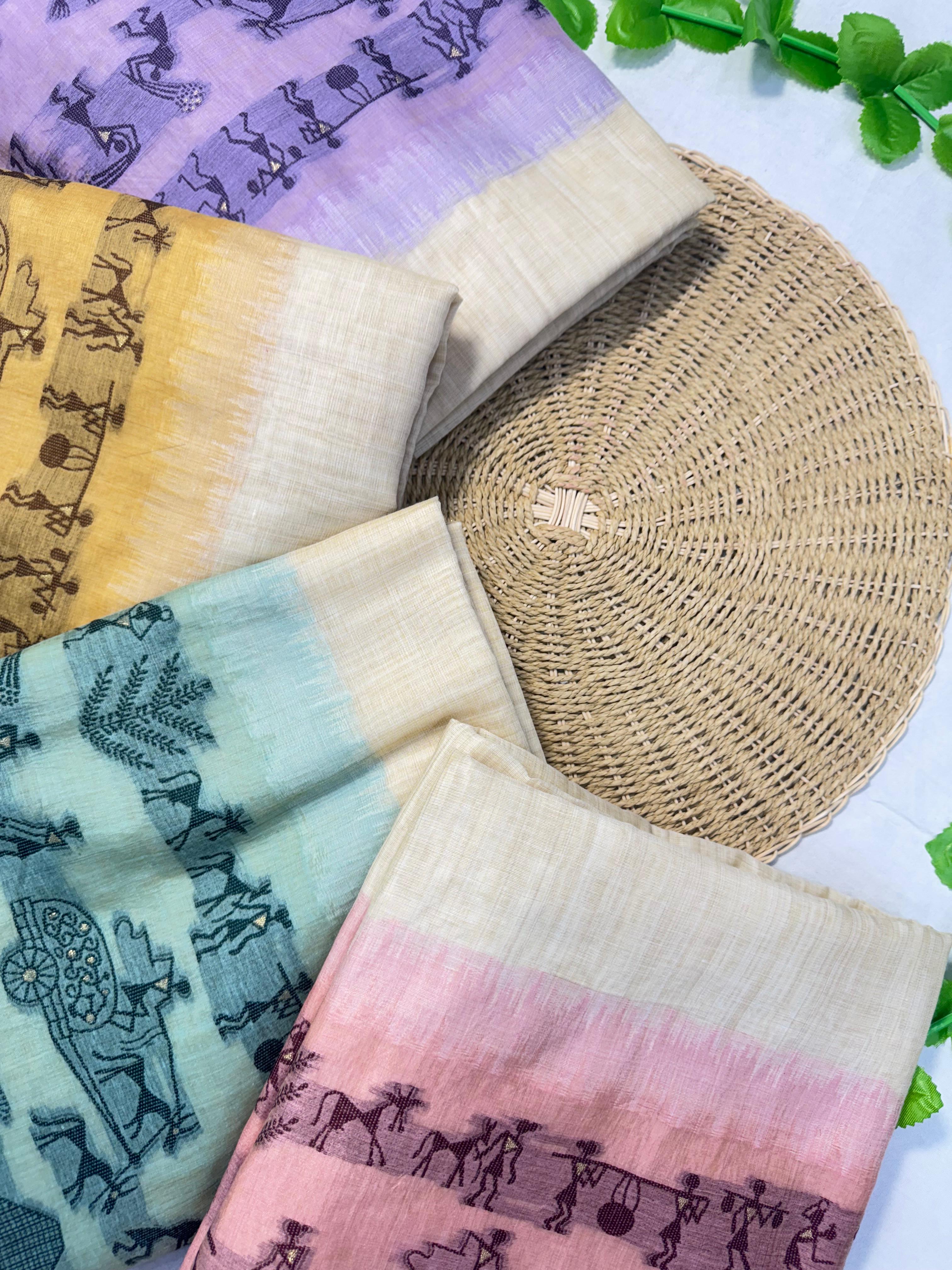 Peach Yellow Pure Muga Silk Warli With All Over Butti Weaving Unstitched 3pis Dress Material