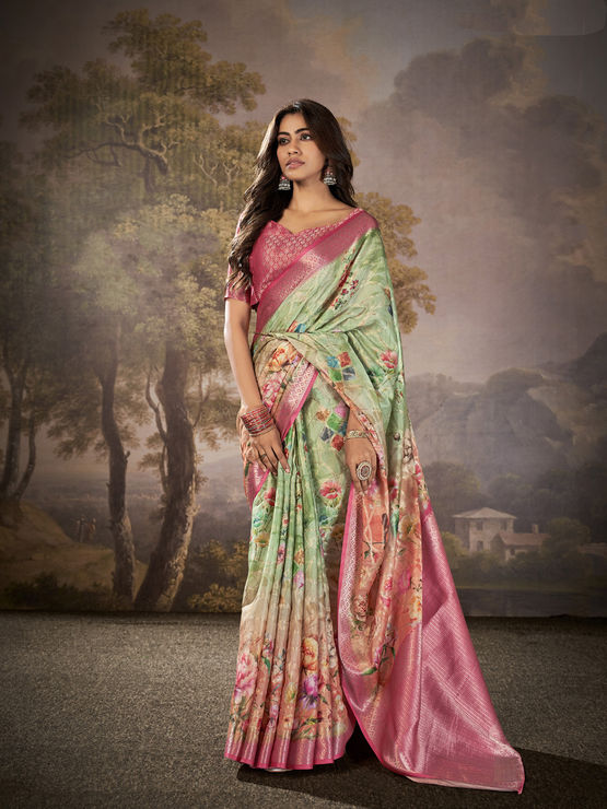 Manorana Sea Green Tussar cotton Floral Printed Saree