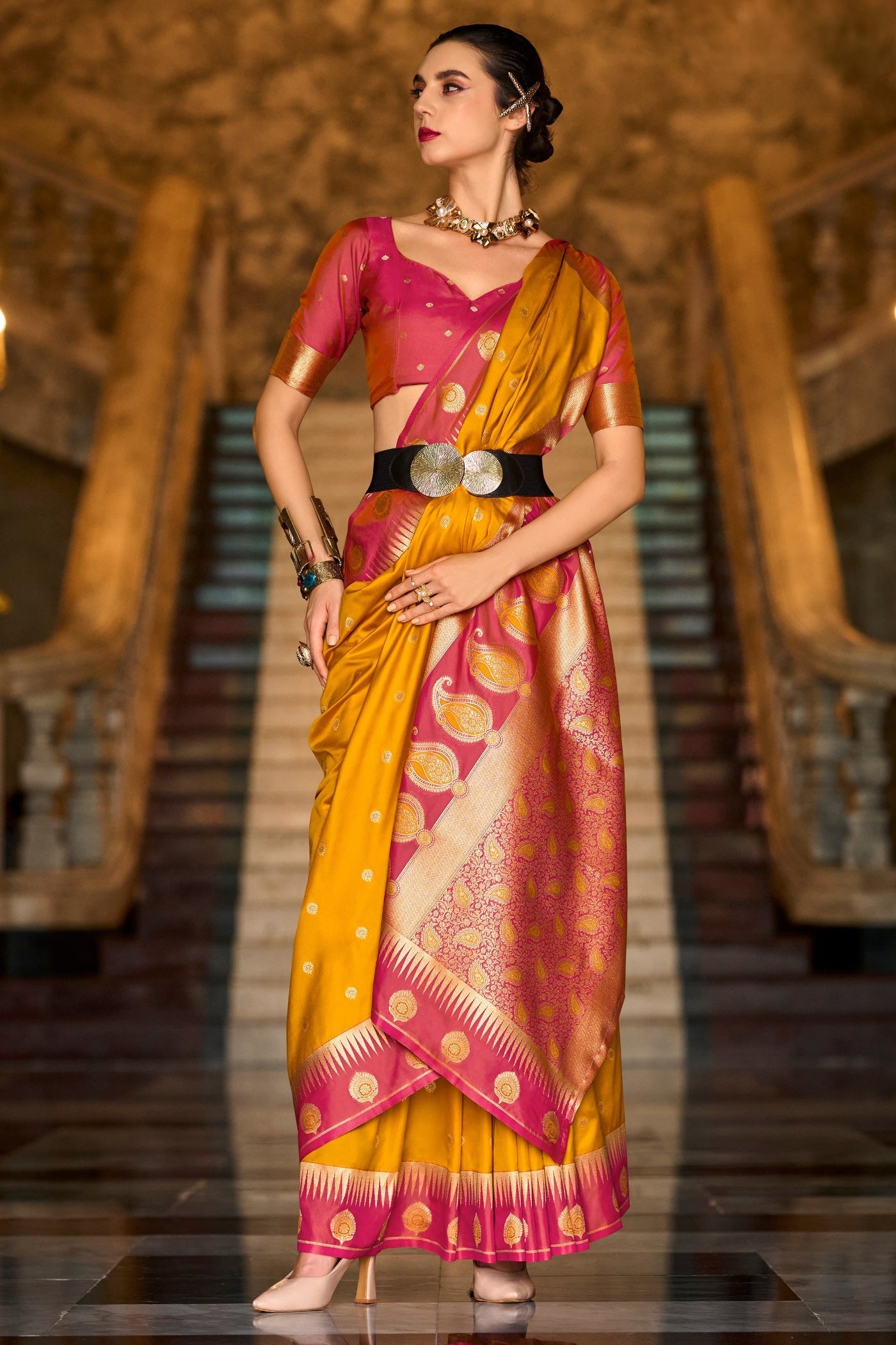Cherry Yellow Pure Soft Banarasi Silk Weaving Saree