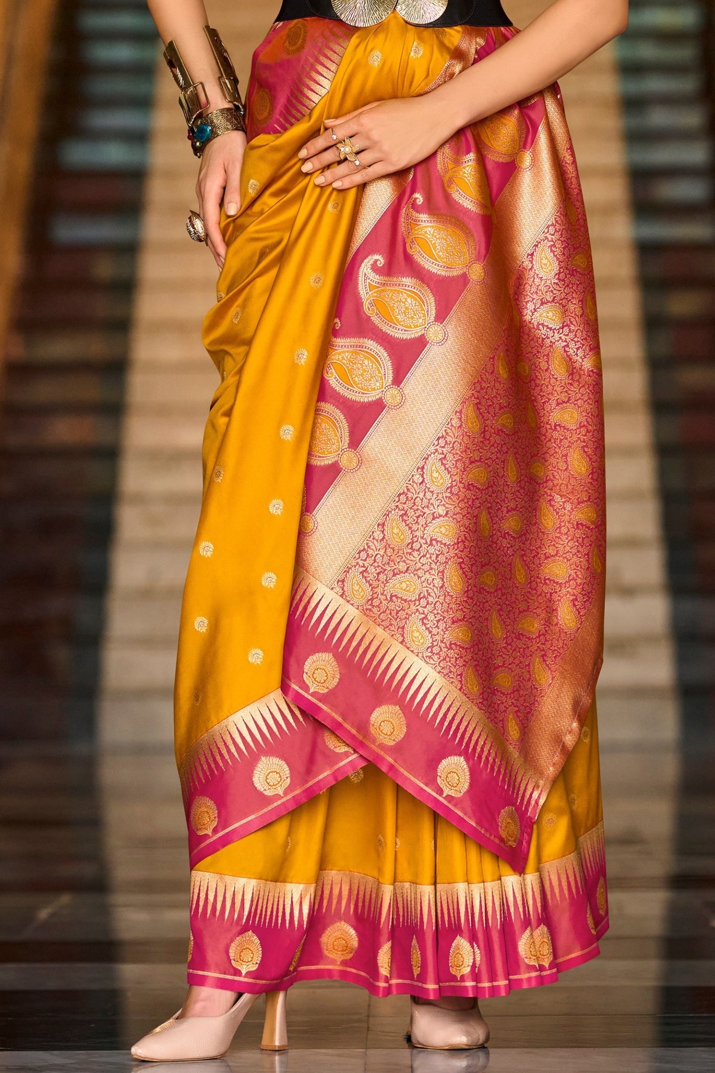Cherry Yellow Pure Soft Banarasi Silk Weaving Saree