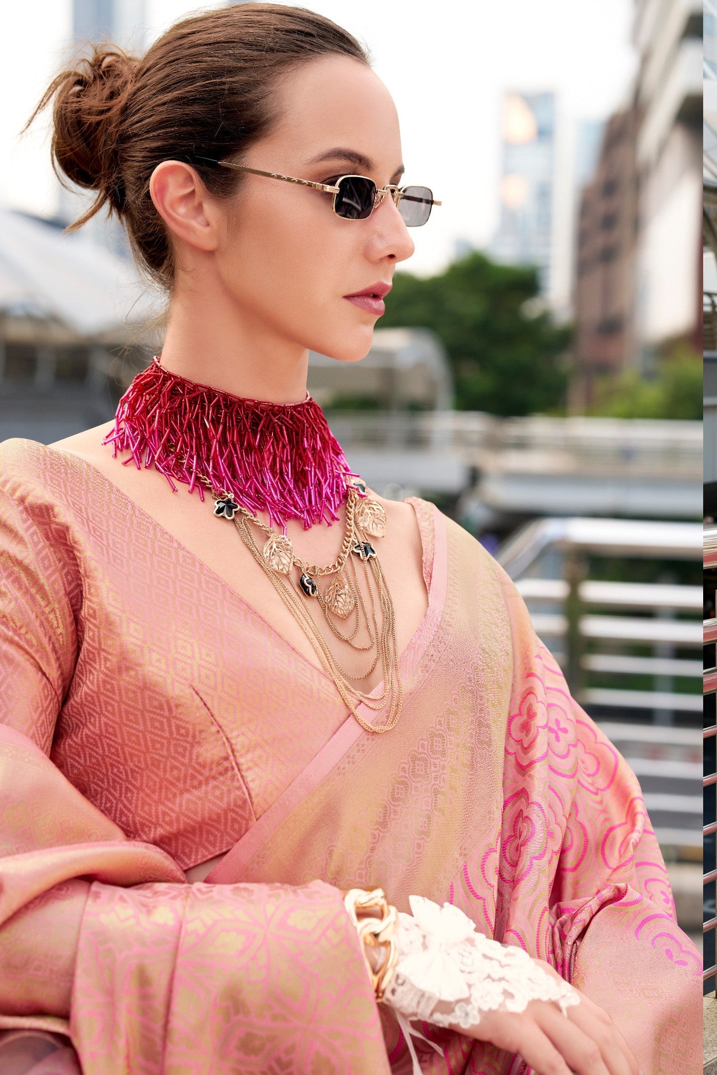 Butterscotch Pastel Pink Kanchivaram Buttery Silk Weaving Saree