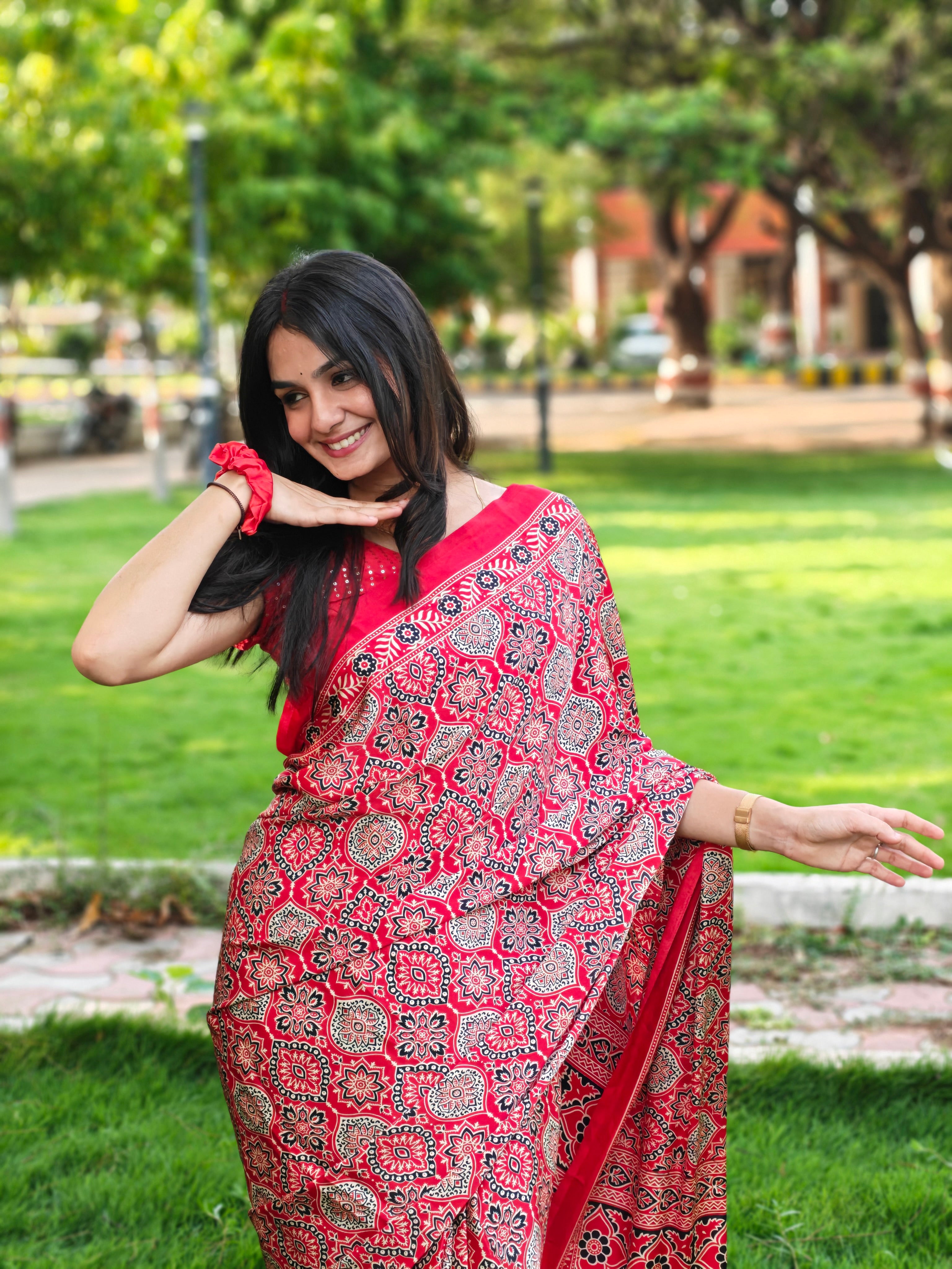 Akruti Maroon Modal Silk Ajrakh Natural Print Saree