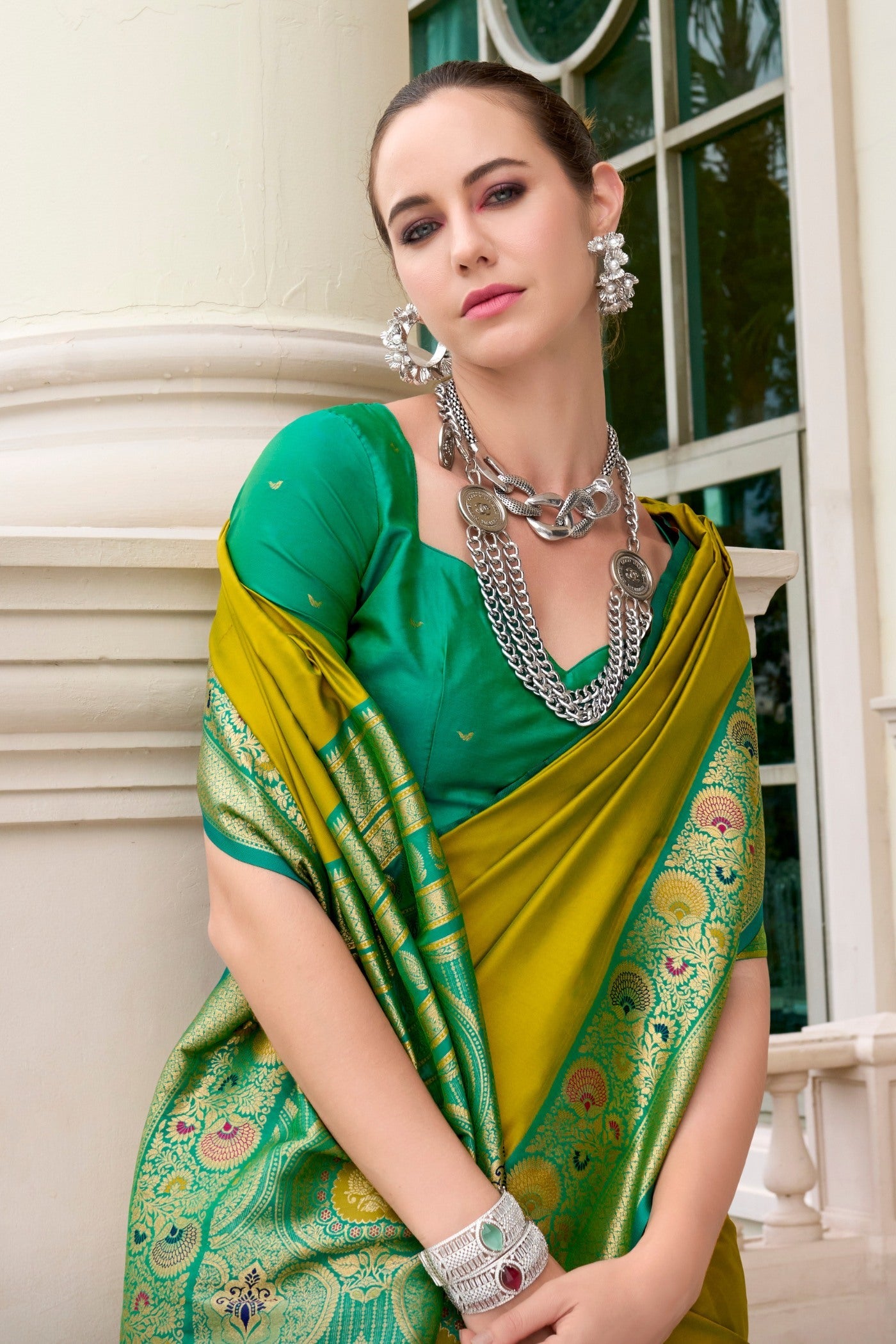 Defender Sag Green Pure Soft Banarasi Silk Weaving  Saree