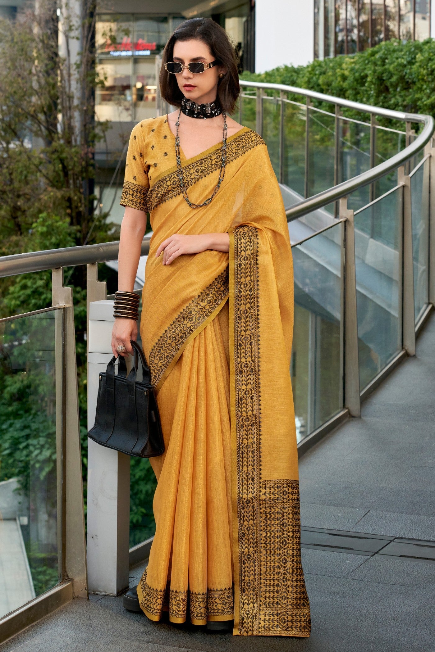 BlackBerry Canary Yellow Pure Linen Tissue Silk Woven Saree