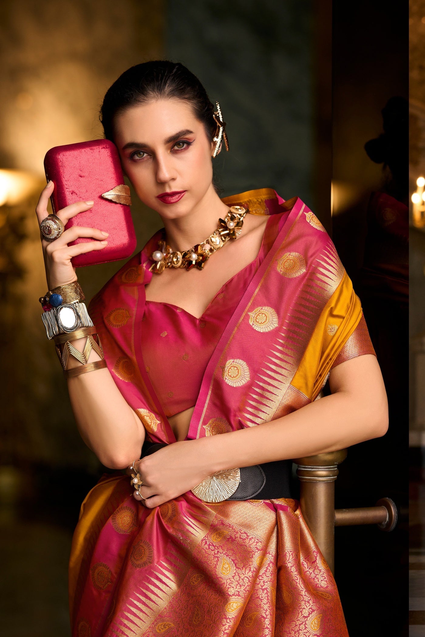 Cherry Yellow Pure Soft Banarasi Silk Weaving Saree