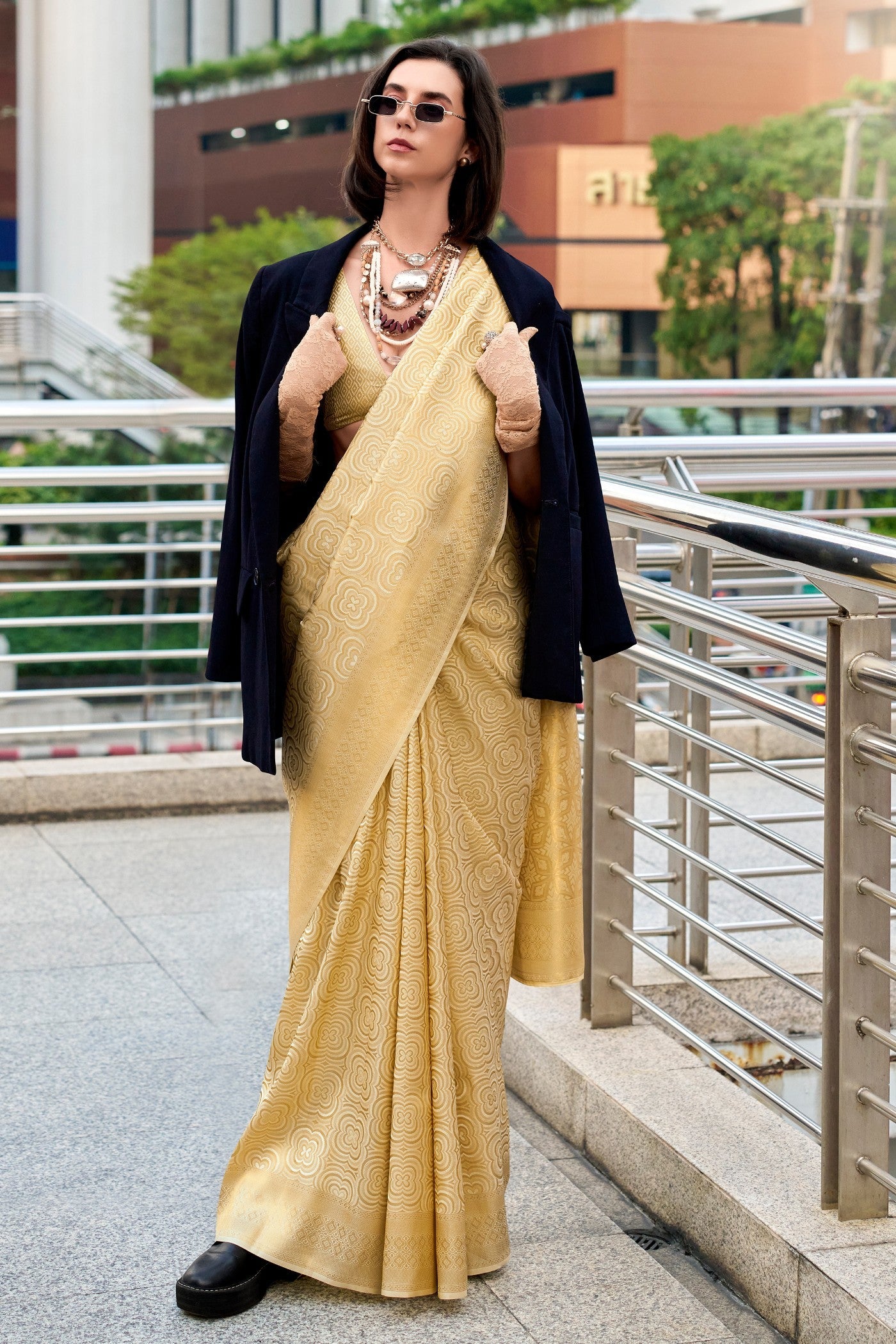 Butterscotch Liquid Gold Kanchivaram Buttery Silk Weaving Saree
